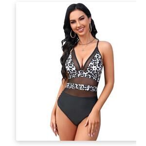 Women's Swimsuit- One Piece- Black Leopard Print w Mesh- Size Large